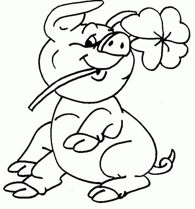 Pig With Four Leaf Clover Coloring For Kids 