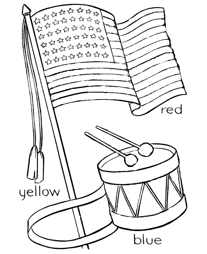July 4th Coloring Pages - Independence Day Flag and Drum Coloring