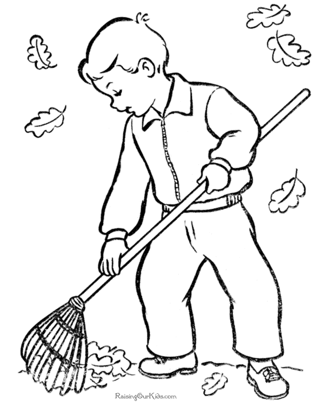 Boy Raking Leaves Fall - Fall Coloring Pages : Coloring Pages