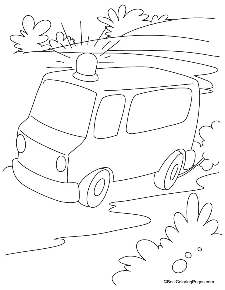 Emergency ambulance van running on the road coloring page