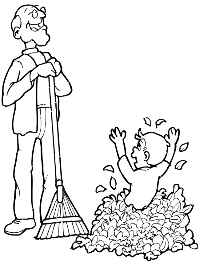 Autumn Leaves Coloring Page | Grandpa  Grandson with Leaves