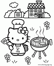Hello Kitty - Hello Kitty is cooking a barbecue coloring page