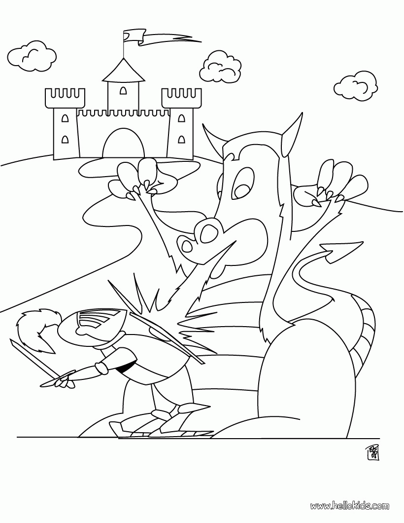 KNIGHT coloring pages - Knight fighting with dragon