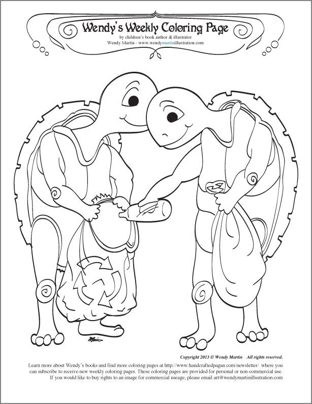 Trash collecting turtles coloring page for Earth Day 