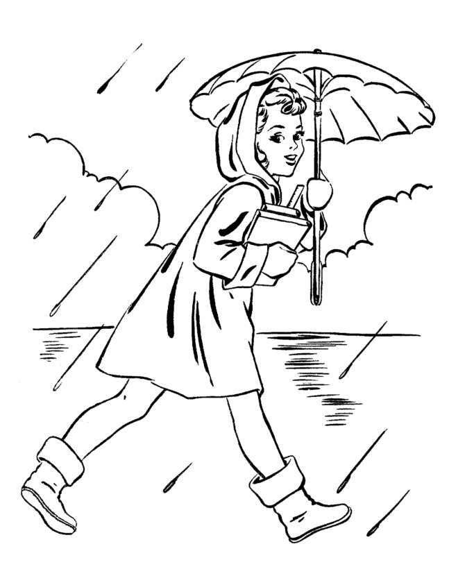 Spring Coloring Pages - Kids Girl with umbrella Coloring Page
