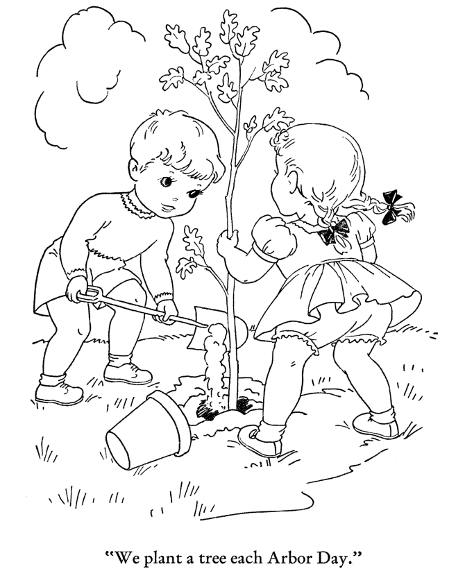 Arbor Day Coloring Pages - Boy and Girl planting a tree Coloring