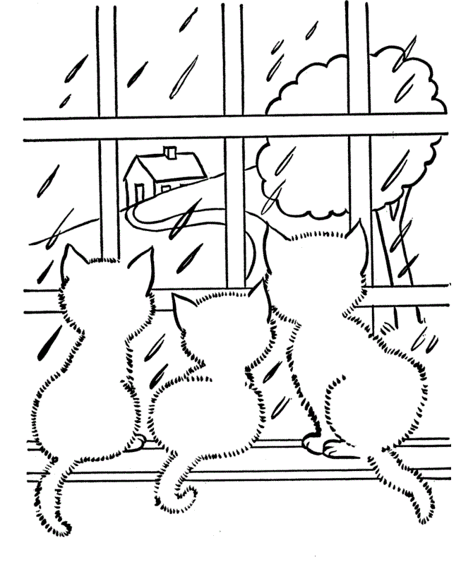 Kitties Looking at The Rain Coloring Page | Kids Coloring Page