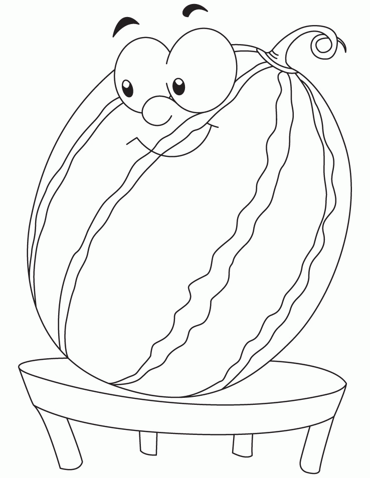 Cartoon watermelon sitting on a table coloring page | Download