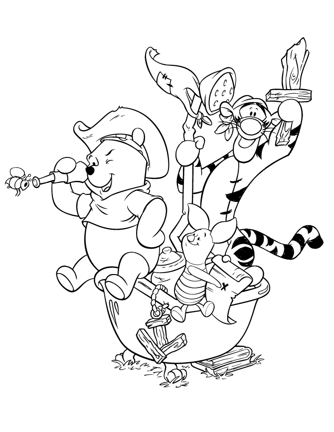 Pooh Bear Tigger And Piglet Going Treasure Hunting Coloring Page