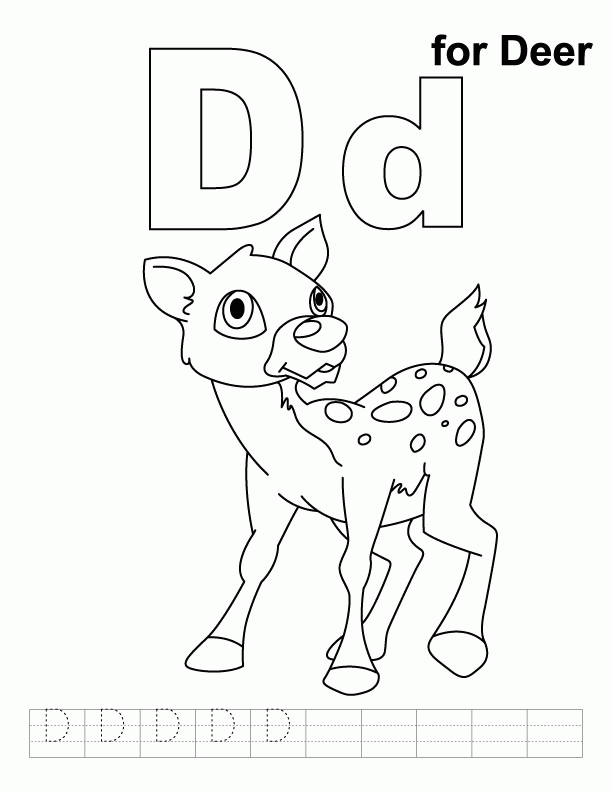 D for deer coloring page with handwriting practice | Download Free