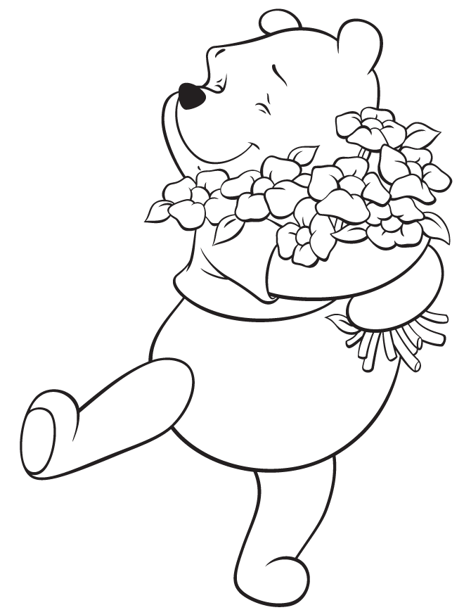 Winnie The Pooh Hugging Flowers Coloring Page | Free Printable