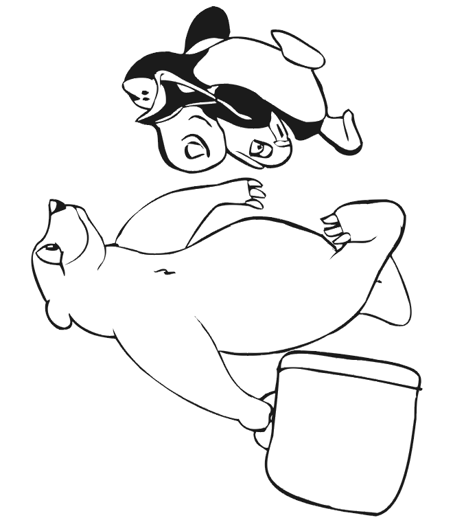 Penguin and Polar Bear Coloring Page: carrying luggage