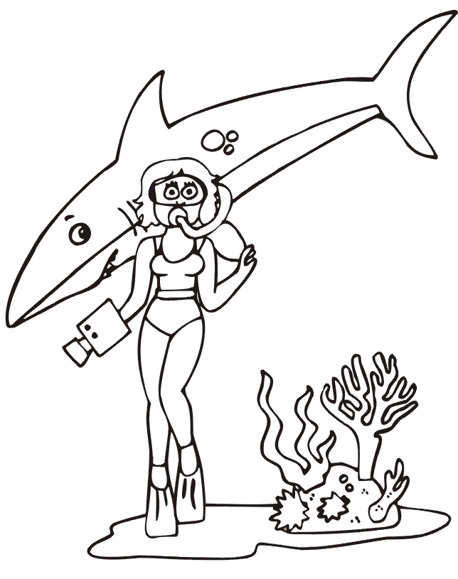 Shark Coloring Page | Shark  Woman Diver
