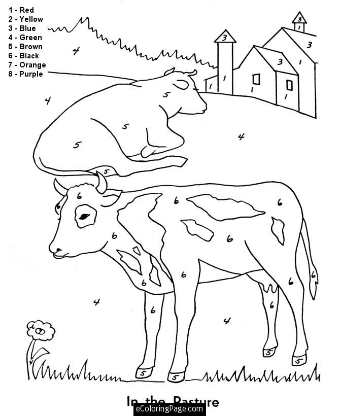 Color By Numbers Cows In a Pasture on a Farm Coloring Page