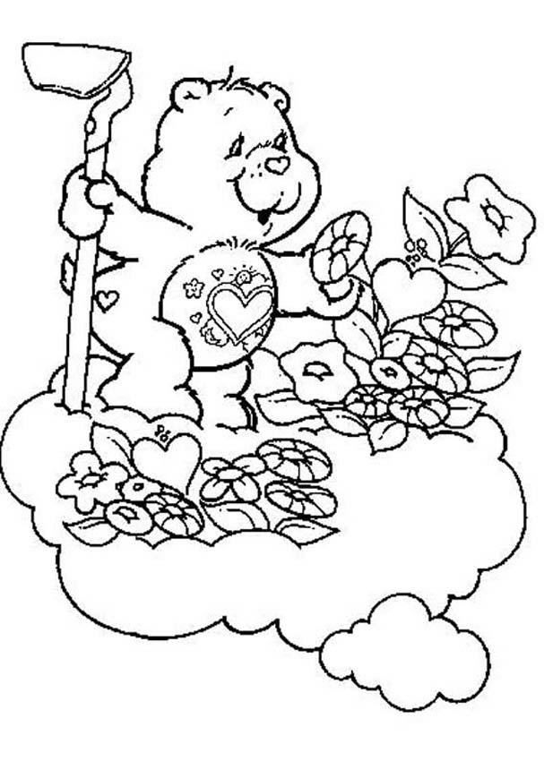 CARE BEARS coloring pages - Tenderheart Bear with flowers