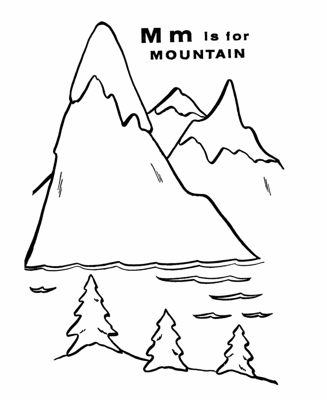 ABC Alphabet Coloring Sheets - M is for Mountain 