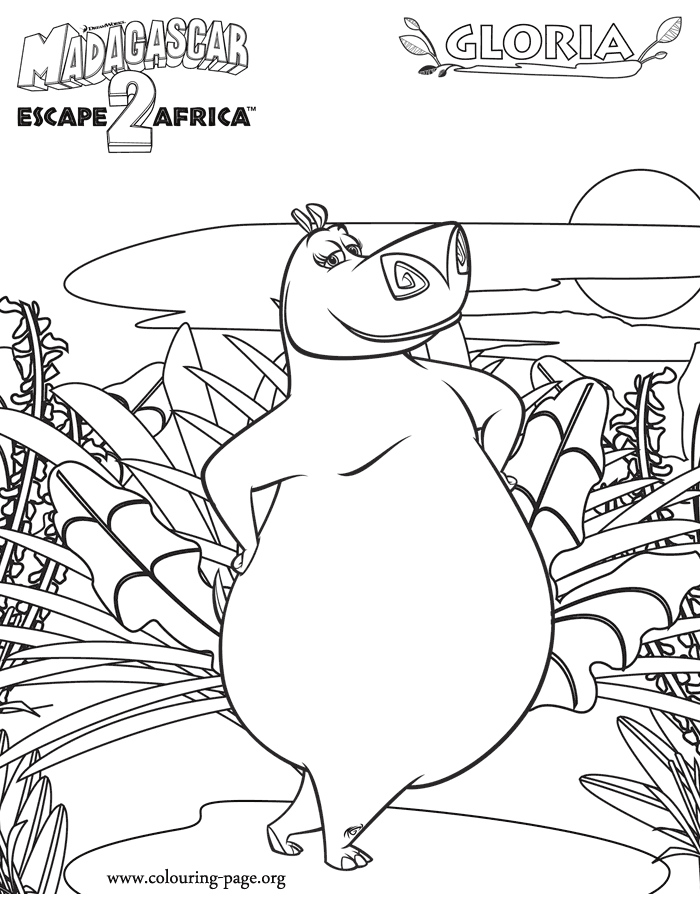 Madagascar - Hippopotamus Gloria in the forest coloring page