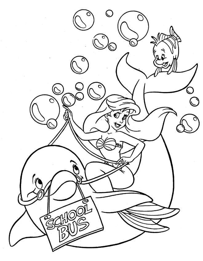 Disney Cartoons Ariel and Flounder on School Bus Coloring Pictures