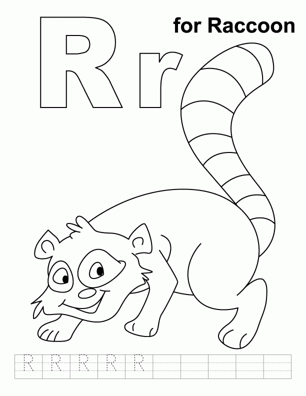 R for raccoon coloring page with handwriting practice | Download