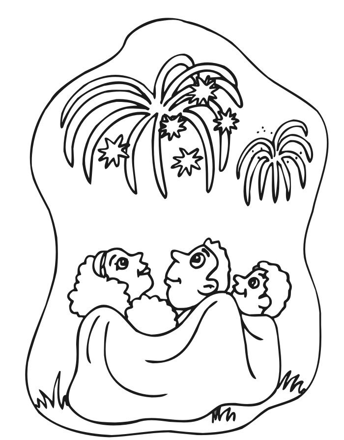 Fireworks Coloring Page | A Family Watching Fireworks
