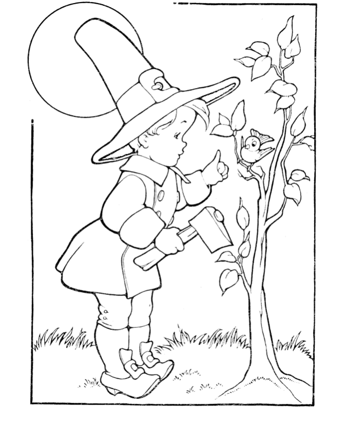 Thanksgiving Holiday Coloring page sheets: Pilgrim Boy