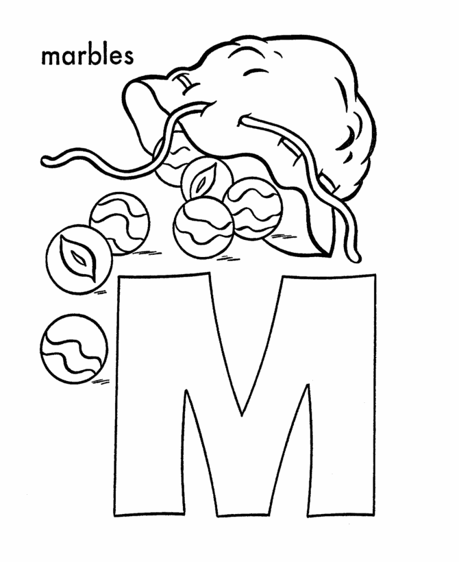 ABC Alphabet Coloring Sheets - M is for Marbles 