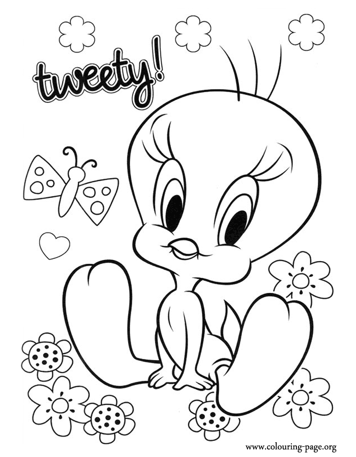 Tweety - Tweety seated close to a butterfly coloring page