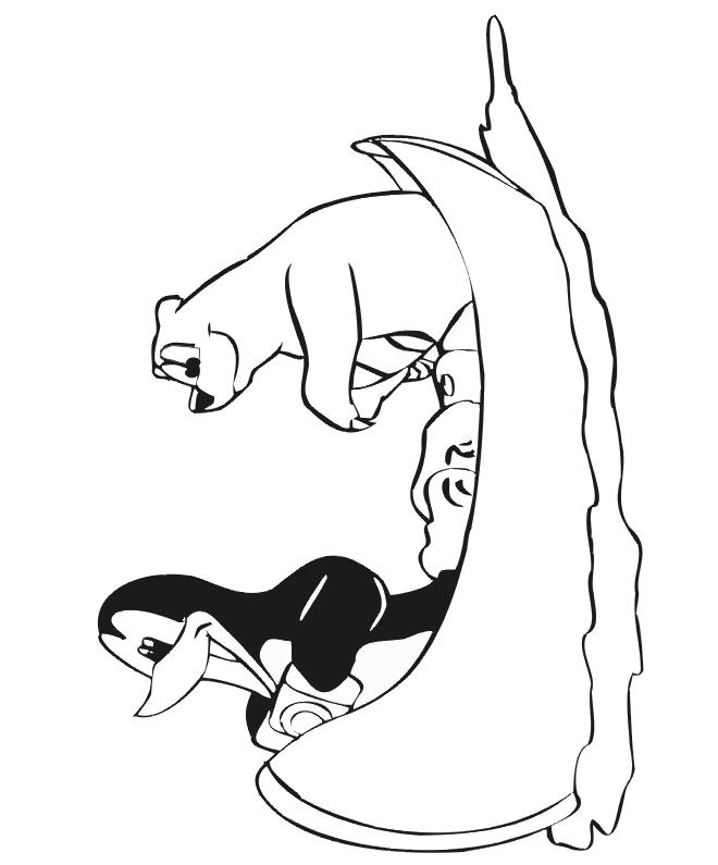 Penguin and Polar Bear Coloring Page: rowing a canoe