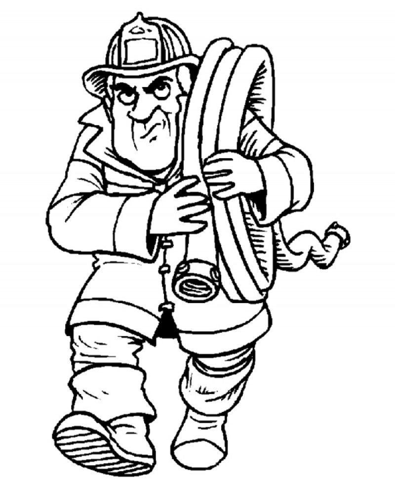 Fireman Carry Long Hose Coloring For Kids 