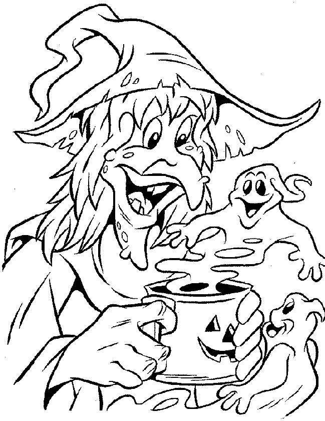 Halloween Witch And Little Ghosts Coloring Pages