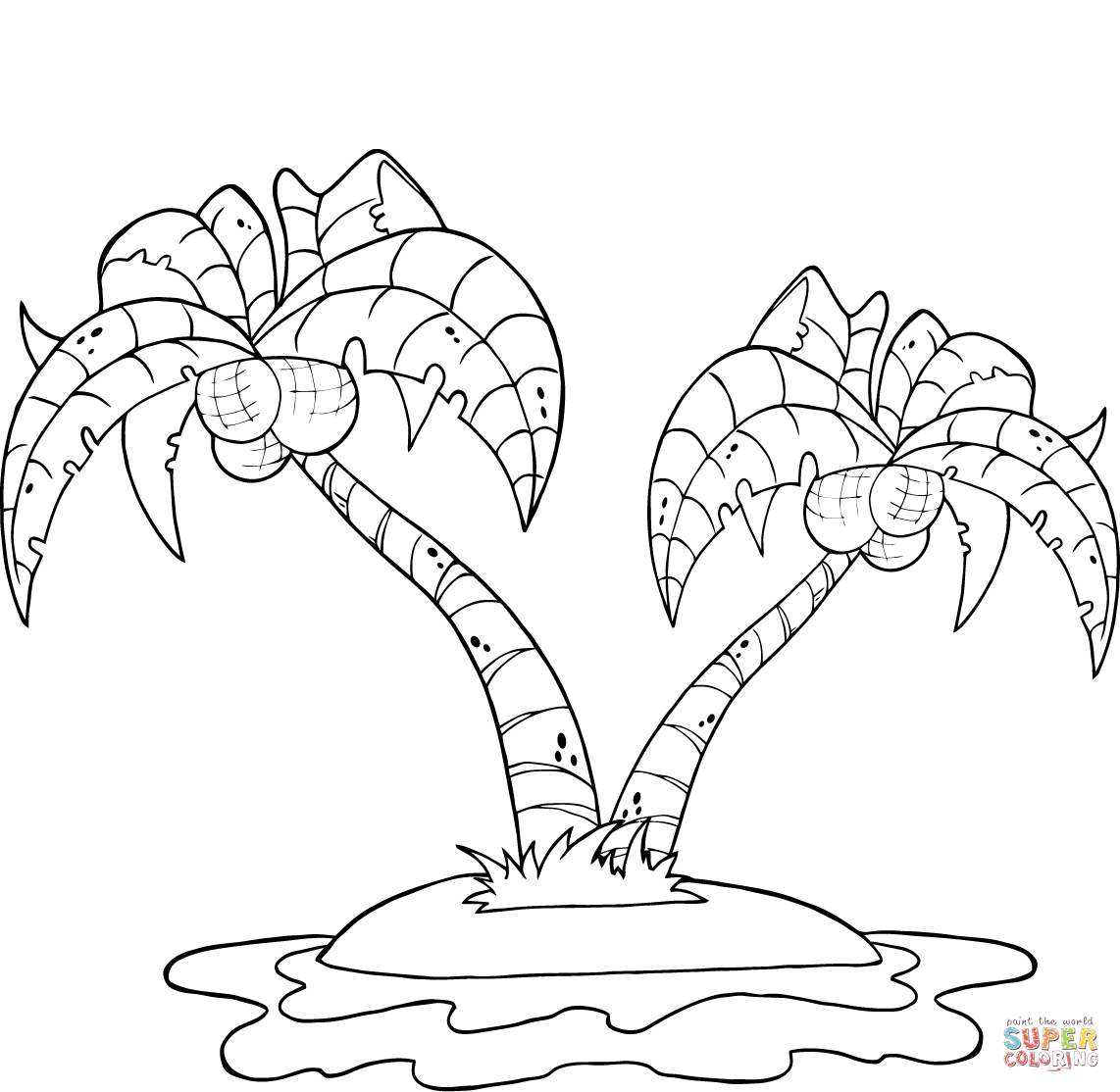 Coconut Palm Trees on Island coloring page | Free Printable
