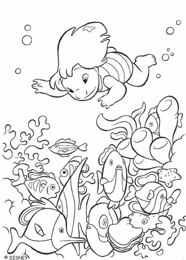 Lilo and Stitch coloring pages - Lilo swiming with fishes