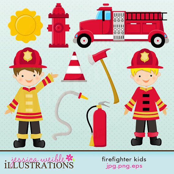 Firefighter cliparts. Girls in firefighter costume. These digital