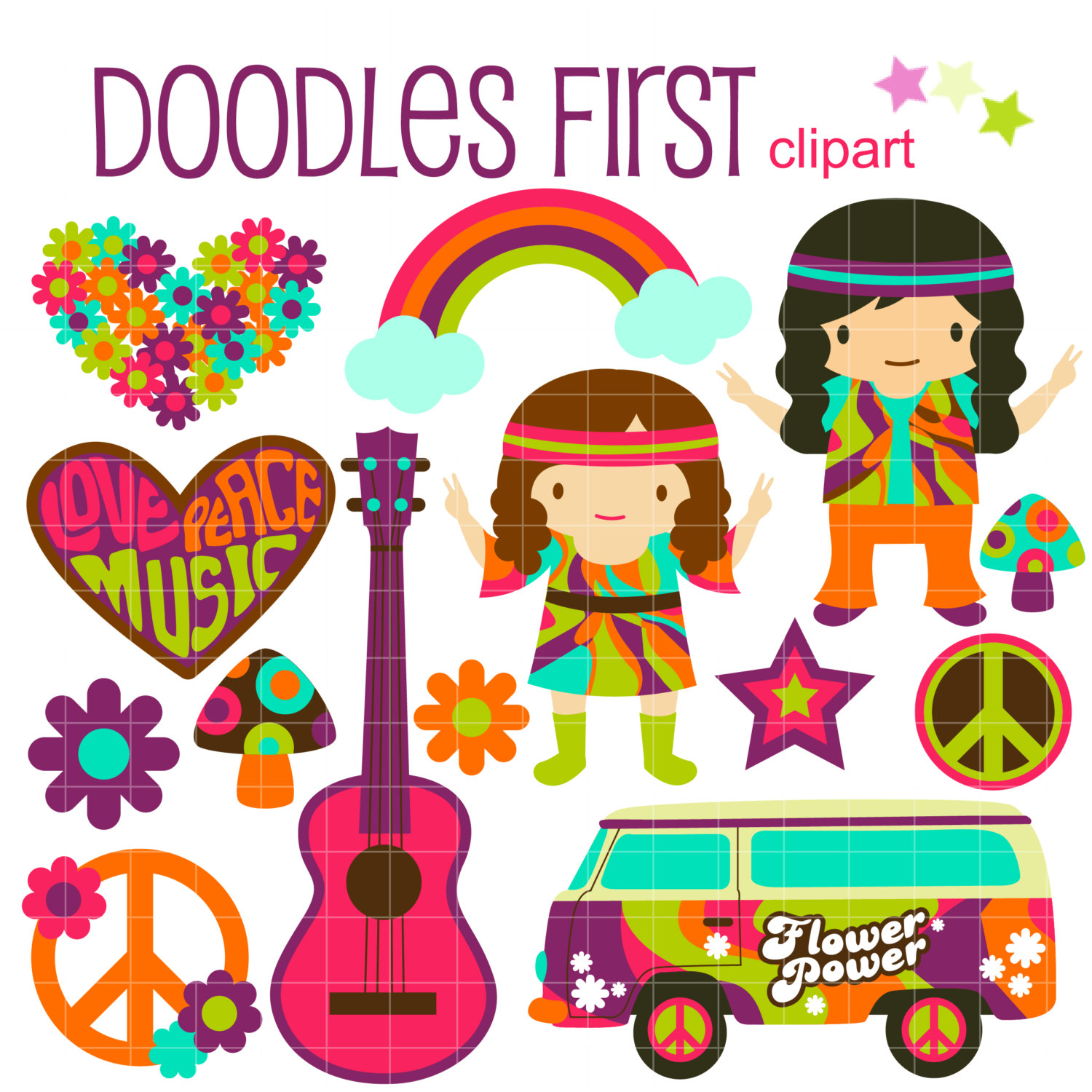 Retro Hippie 70&Digital Clip Art for by DoodlesFirst