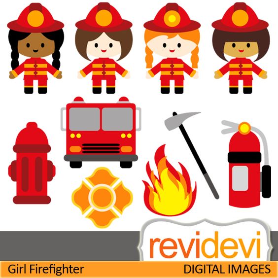 Firefighter cliparts. Girls in firefighter costume. These digital