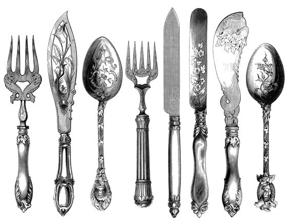 vintage cutlery clipart, cutlery engraving, fork knife spoon