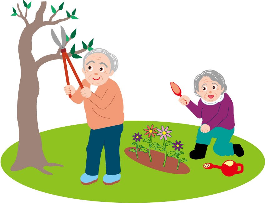 Cartoon Grandfather Grandmother Pruning Flowers Vector