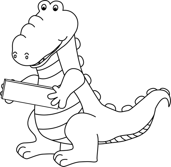 Black and White Alligator Holding a Subtraction Symbol Clip Art