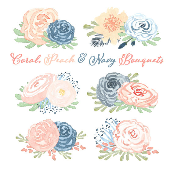 Blush , Navy Watercolor Flower Clip Art // by intothethicket