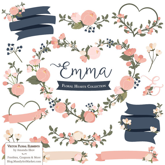 Emma Floral Heart Clipart , Vectors in Navy and by AmandaIlkov