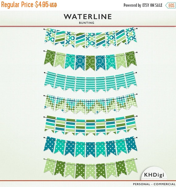 80% OFF SALE Blue and Green Clipart Bunting Waterline by KHDigi