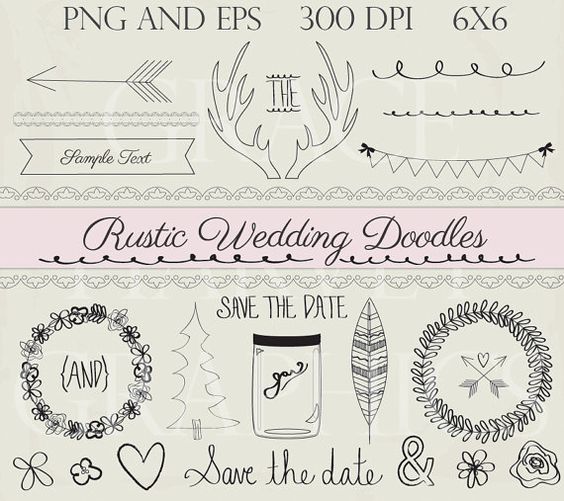 Wedding Doodle ClipArt, Rustic Clip Art, Instant Download Digital