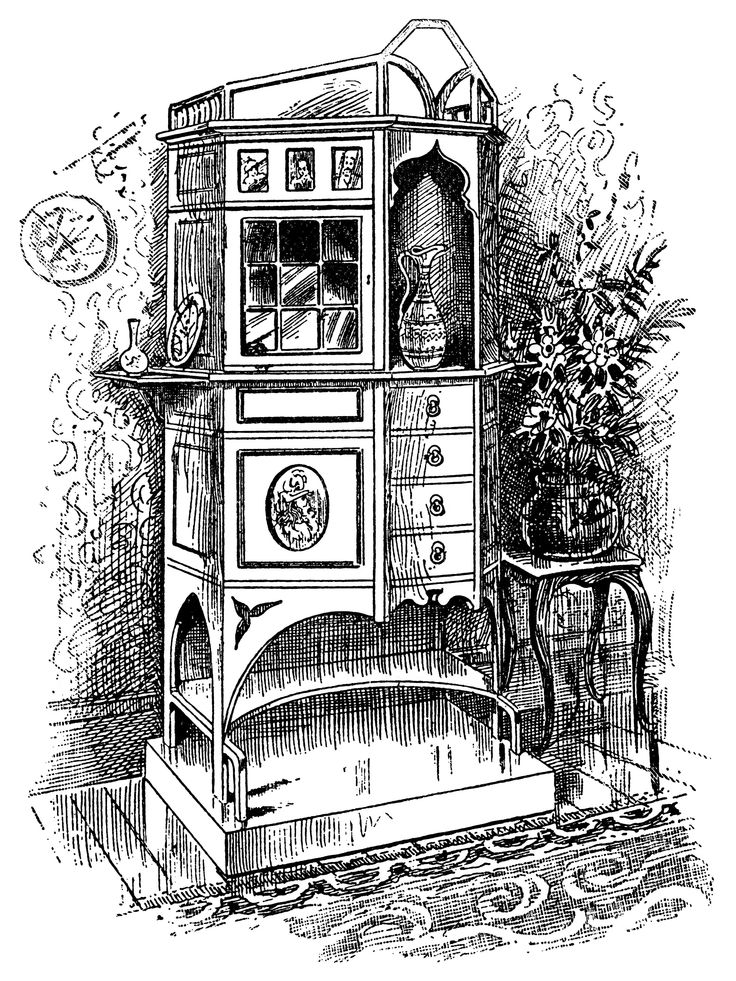 Victorian furniture illustration, black and white clip art