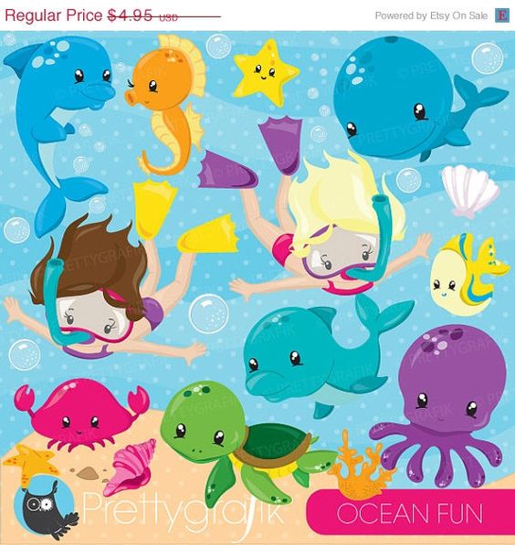Snorkeling kids girl clipart, Scuba diving commercial use, beach