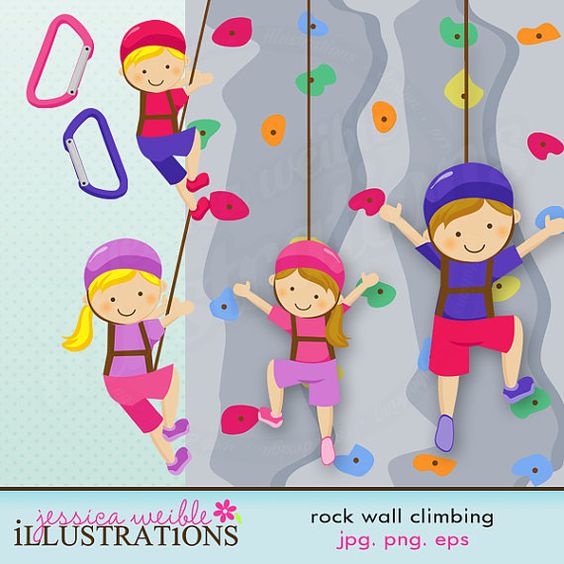 Rock Wall Climbing Girls Cute Digital Clipart