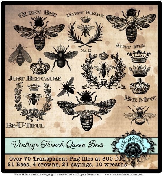 Bee Clipart, Queen Bee Clipart, Vintage French Wreath Clipart