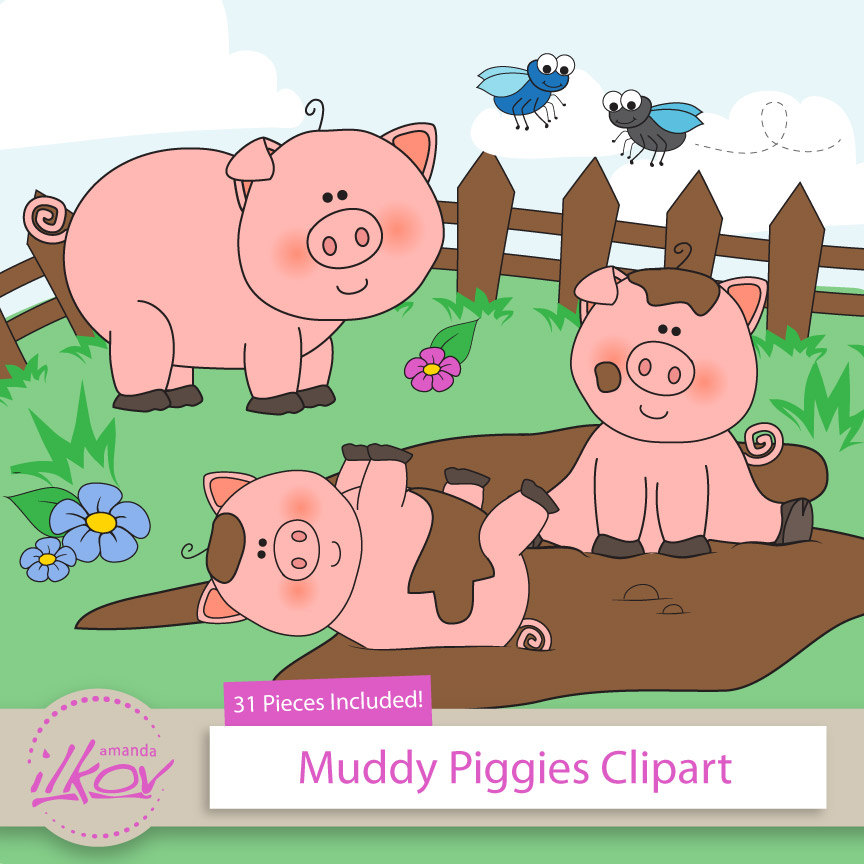 Premium 31pc Pigs in Mud Clipart for Digital Scraps by AmandaIlkov