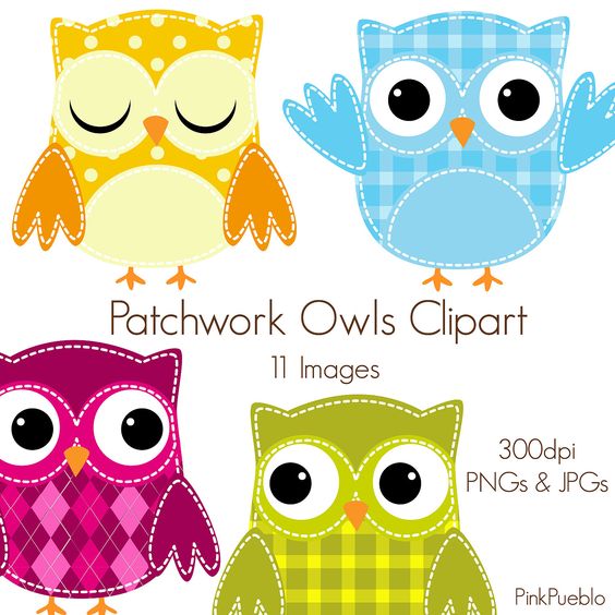 Patchwork Owls Clipart, Owls Clip Art