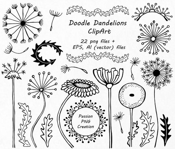 Hand drawn Doodle Dandelions Clipart, Flower Silhouettes, Doodle