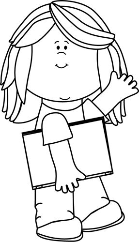 Black and White Girl with Book Waving Clip Art